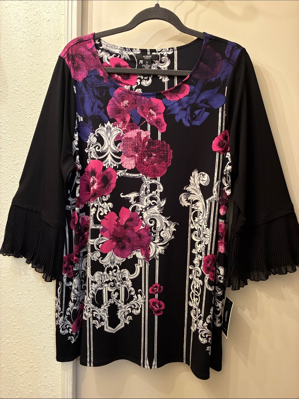 Alfani Black Floral Print Tunic with Pink and Purple Accents